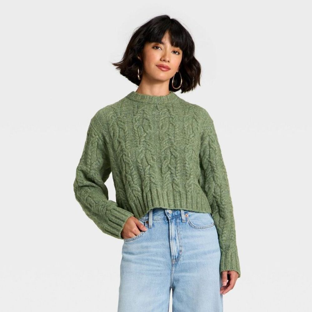 Women's Cozy Cable Crewneck Pullover Sweater - Universal Thread Dark Green XL
